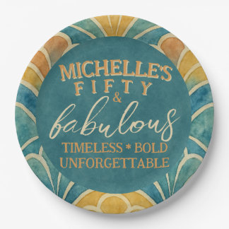 50th Birthday Teal and Gold Art Deco Round Paper Plate