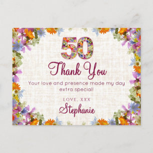 50th Birthday Thank You – Elegant Floral Postcard