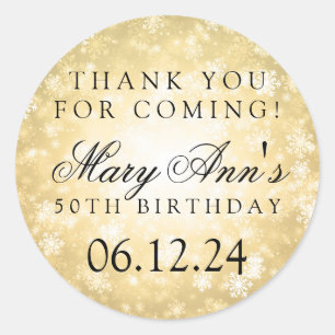 50th Birthday Thank You Gold Winter Wonderland Classic Round Sticker