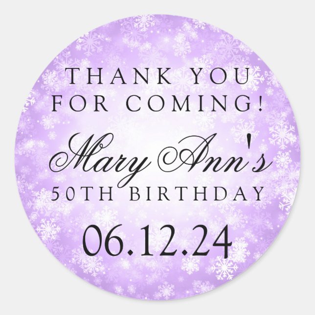 50th Birthday Thank You Purple Winter Wonderland Classic Round Sticker (Front)