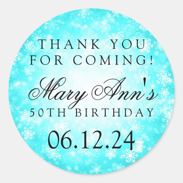 50th Birthday Thank You Turquoise Winter Classic Round Sticker (Front)