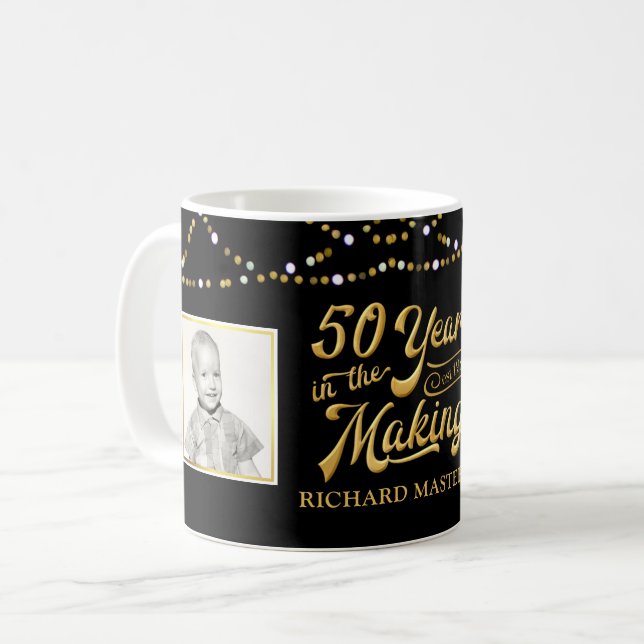 50th Birthday Then and Now Photos Black Gold Coffee Mug (Front Left)