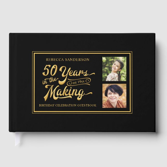 50th Birthday Then and Now Photos Black Gold Guest Book (Front)