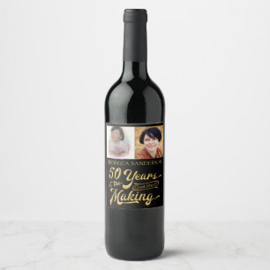 50th Birthday Then and Now Photos   Black & Gold Wine Label