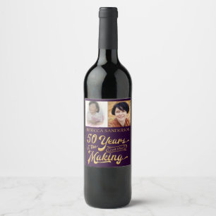 50th Birthday Then and Now Photos   Purple & Gold Wine Label
