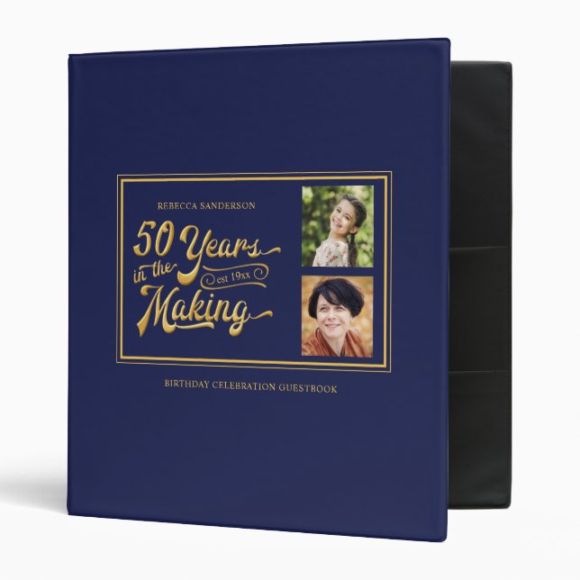 50th Birthday Then & Now Photos Navy Guestbook Binder (Front/Inside)