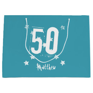 50th Birthday Trendy Grunge Letters Stars Z05 Teal Large Gift Bag