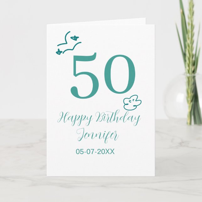 50th birthday turquoise name clouds hand drawn  card (Front)