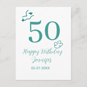 50th birthday turquoise name clouds hand drawn postcard