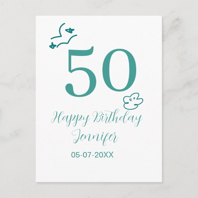 50th birthday turquoise name clouds hand drawn  postcard (Front)