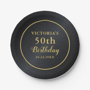 50th Birthday Typography Black and Gold Paper Plate