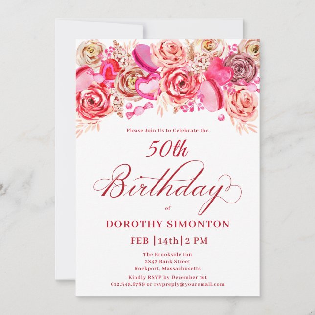 50th Birthday Valentine Pink Rose Swirly Heart Invitation (Front)
