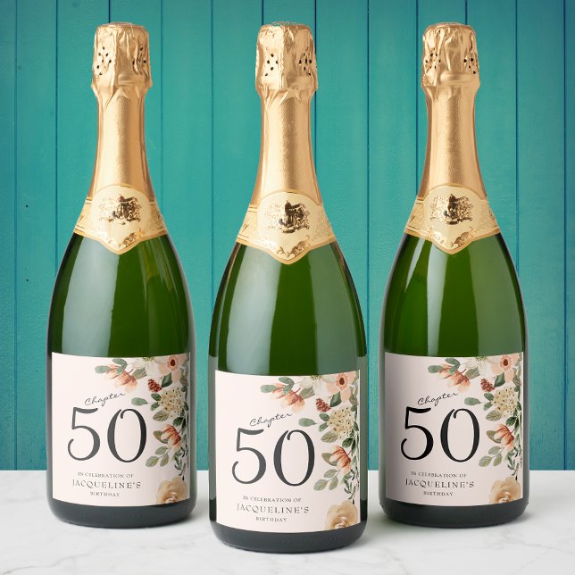 50th Birthday Vintage Floral Sparkling Wine Label (Transform any sparkling wine bottle into a memorable keepsake for a 50th birthday celebration.)