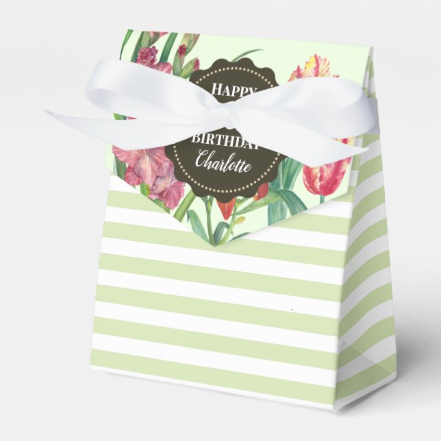 50th Birthday Warm Floral Spring Blooms Stripes Favor Box (Front Side)