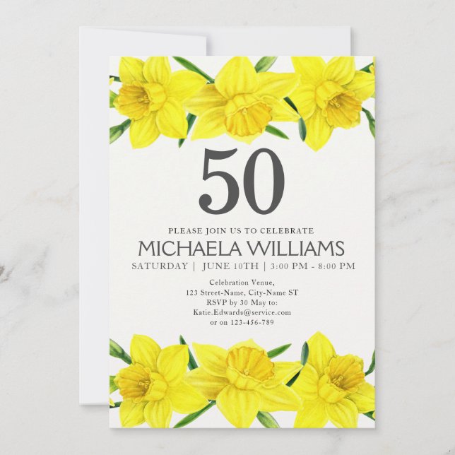 50th Birthday Watercolor Daffodil Party Invitation (Front)