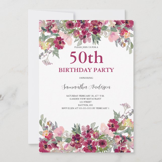 50th Birthday Watercolor Floral  Invitation (Front)