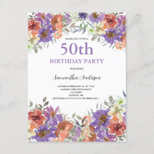 50th Birthday Watercolor Floral  Invitation Postcard