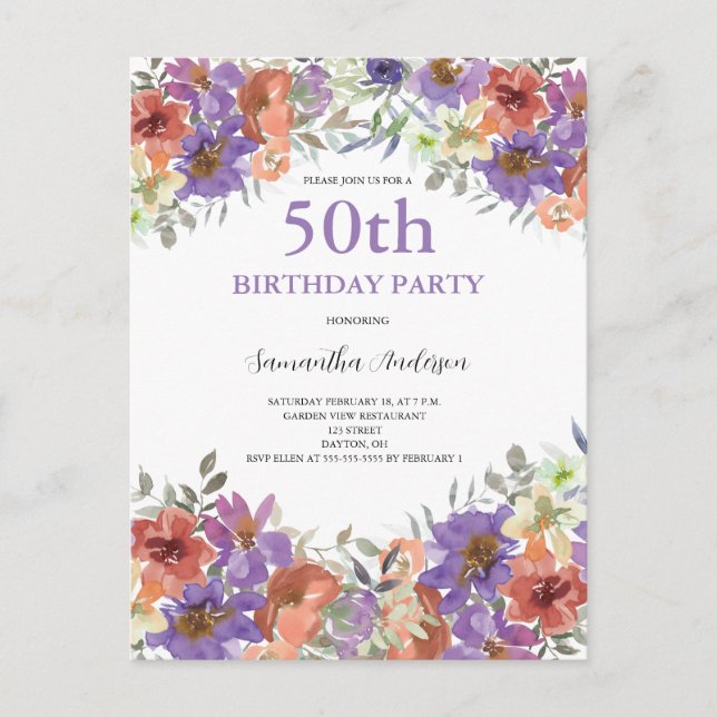 50th Birthday Watercolor Floral  Invitation Postcard (Front)