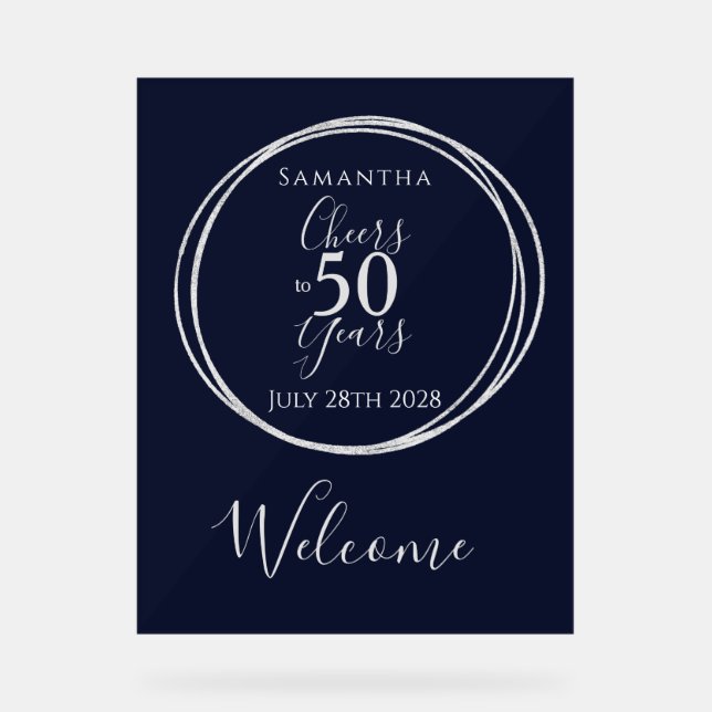 50th Birthday Welcome Cheers 50 Years Party Navy Acrylic Sign (Front)