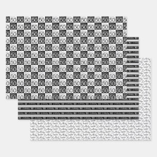 50th Birthday White Black Typography Stripes Check Wrapping Paper Sheet