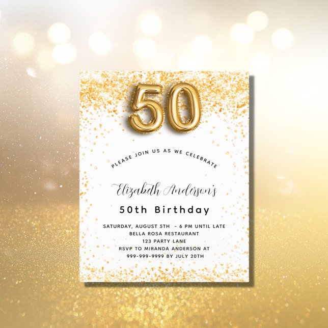 50th birthday white gold glitter budget invitation flyer (Creator Uploaded)