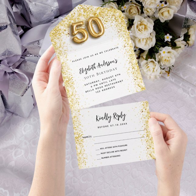 50th birthday white gold party RSVP All In One Invitation (Creator Uploaded)