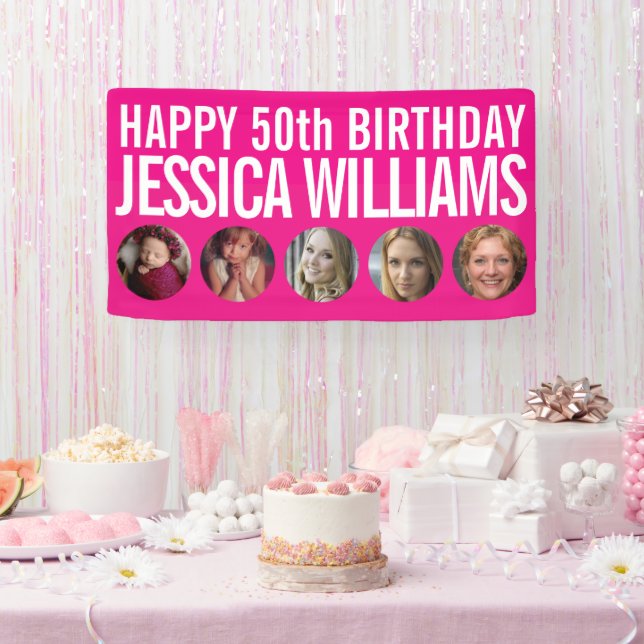 50th Birthday white pink five photo circles Banner (Party)