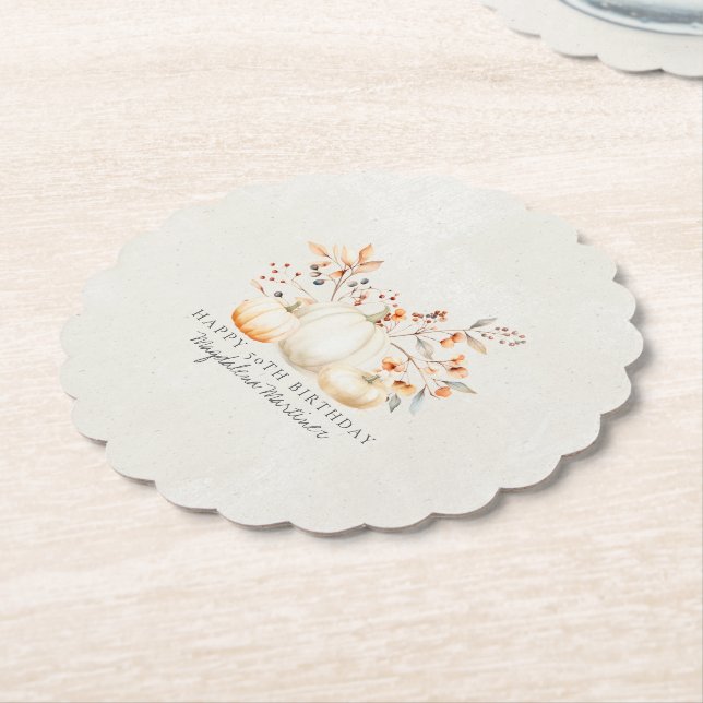 50th Birthday White Pumpkin Fall Leaves Custom Paper Coaster (Angled)
