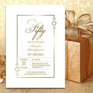 50th Birthday White with Gold Frame Party Invitation