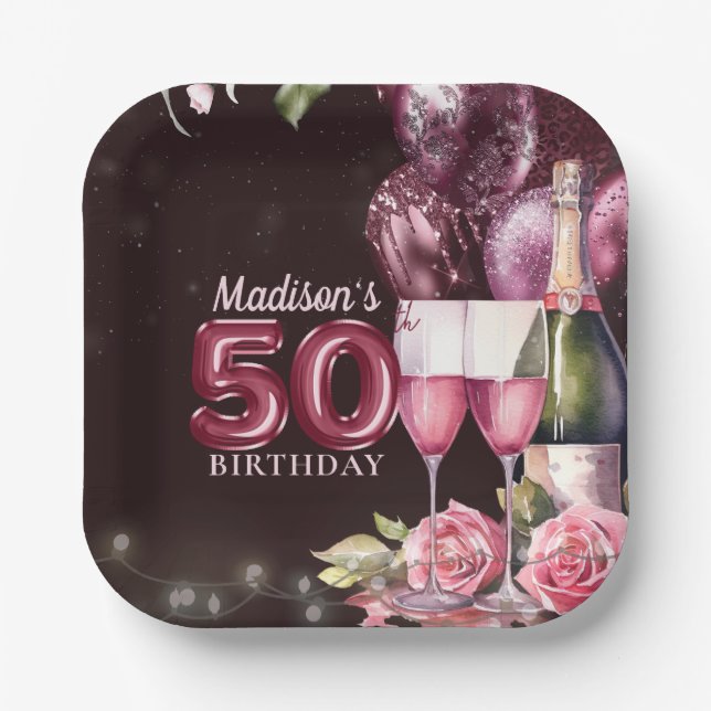 50th Birthday Wine & Balloons Personalized Paper Plate (Front)