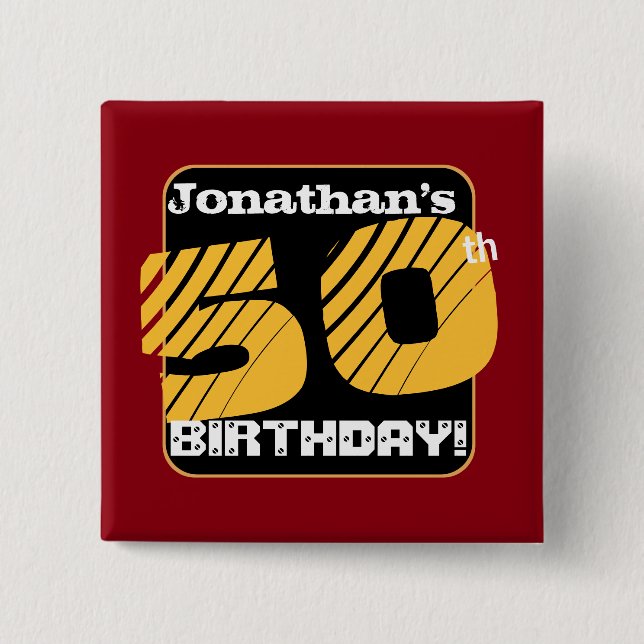 50th Birthday with Custom Name Striped Number A01 2 Inch Square Button (Front)