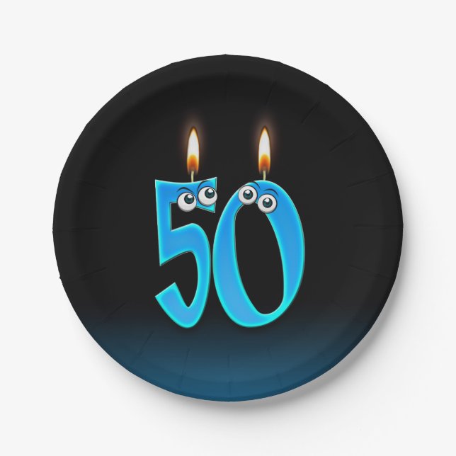 50th Birthday with lit candle numbers Paper Plate (Front)