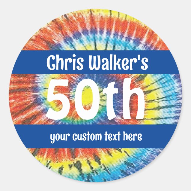 50th birthday with retro tie dye and name classic round sticker (Front)