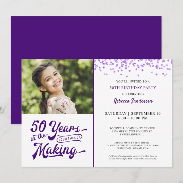 50th Birthday YEARS IN THE MAKING Purple Confetti Invitation (Front/Back)
