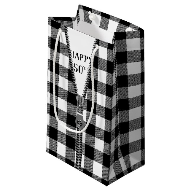 50th Birthday Zipper On Buffalo Plaid  Small Gift Bag (Front Angled)