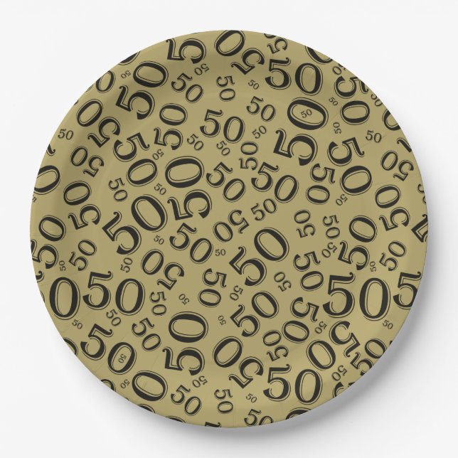 50th Black/Gold Random Number Pattern Paper Plate (Front)