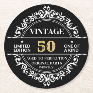 50th Black White and Gold Vintage Birthday Party  Round Paper Coaster