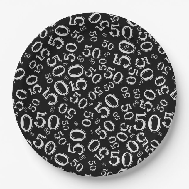 50th Black/White  Random Number Pattern Paper Plate (Front)