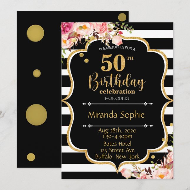 50th Black White Stripe Pink Floral Birthday Party Invitation (Front/Back)