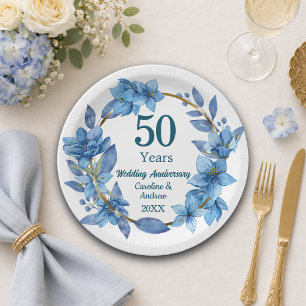 50th Blue Floral Gold Wedding Anniversary Paper Plate
