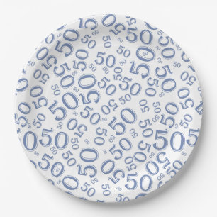 50th Blue/White Random Number Pattern Paper Plate