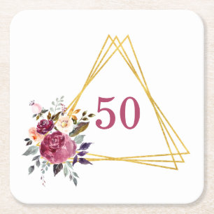 50th Boho Floral Geometric Gold Triangle Square Paper Coaster
