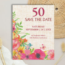 50th Bold Floral Linen Birthday Save the Date