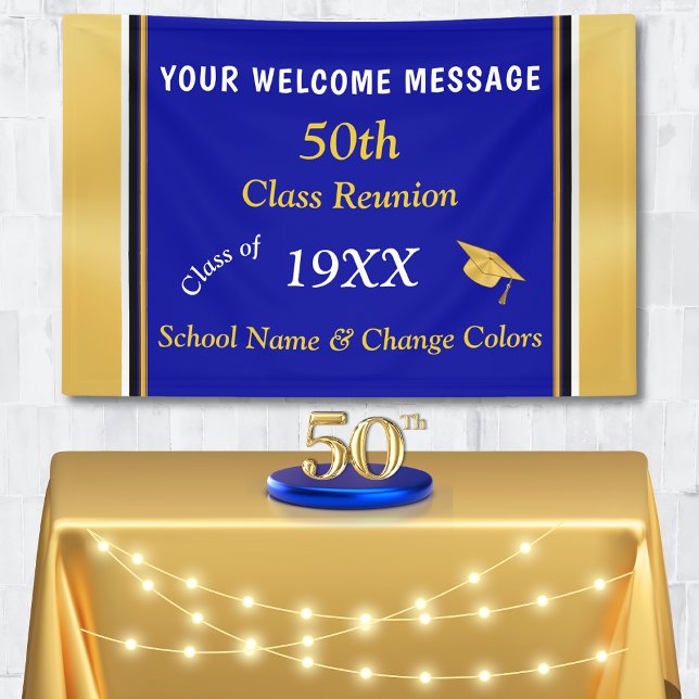 50th Class Reunion Banners Any YEAR, COLORS, TEXT (50th high school reunion ideas. 50th, blue and gold banners. 50th class reunion party supplies. )