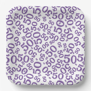 50th Coral/White Random Number Pattern Paper Plate