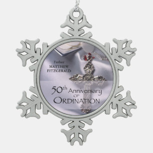 50th Custom Name Ordination Anniversary Chalice Snowflake Pewter Christmas Ornament
