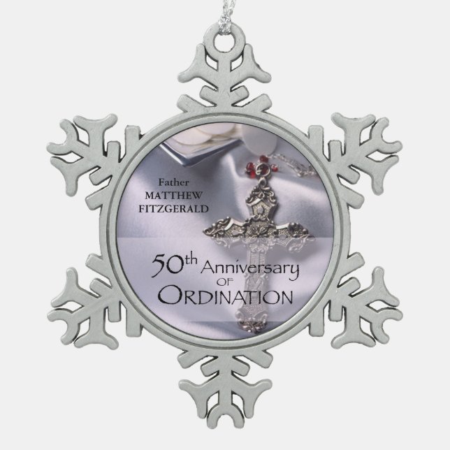 50th Custom Name Ordination Anniversary Chalice Snowflake Pewter Christmas Ornament (Front)
