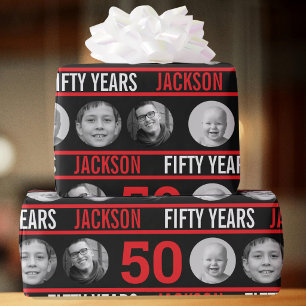 50th custom photo birthday red and black wrapping paper