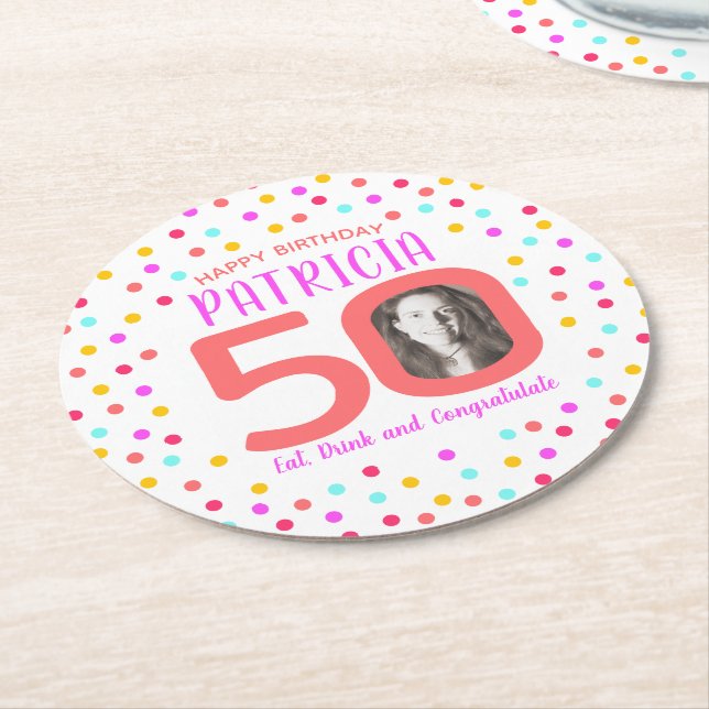 50th custom photo colourful coral confetti birthda round paper coaster (Angled)