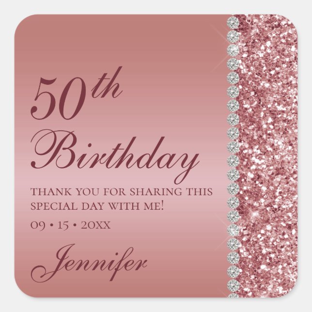 50th Elegant Rose Gold Birthday Square Sticker (Front)